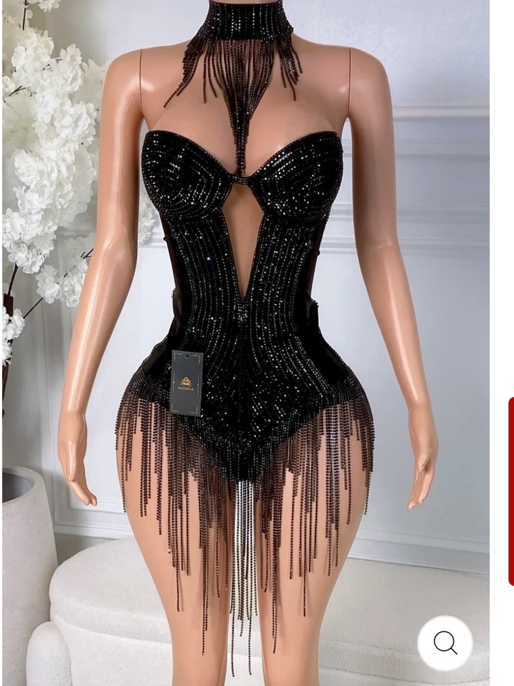 Black Beaded Fringe Strapless Bodysuit Dress with Choker